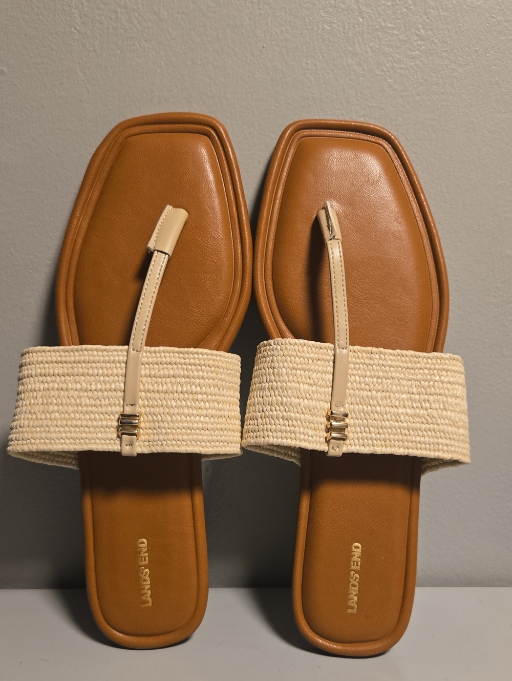 Lands' End Tan Slide Sandals with Cream Raffia Strap
